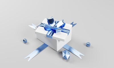 3d rendering illustration opened white gift box with blue ribbon isolated on white background