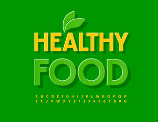 Vector colorful banner Healthy Food. Green Sticker Font. Modern Alphabet Letters and Numbers set