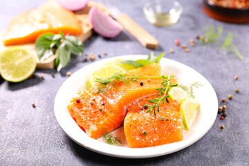 plate with fresh salmon fillet