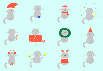 Collection of cute Christmas cats with accessories like a hats, sweaters, scarfs