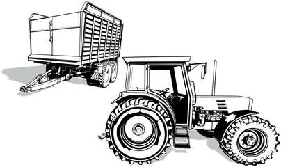 Drawing of the Agricultural Tractor with a Trailer - Black Illustration Isolated on White Background, Vector