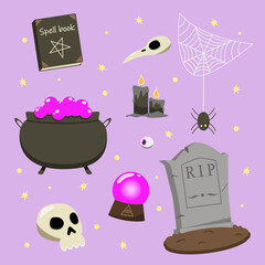 Set of Halloween elements. A collection of items for a magical rite. Flat vector illustration.
