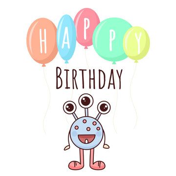 Baby birthday banner. Postcard with cute monster, balloons and inscription. Template with lettering and kid character vector cartoon illustration