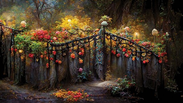 Blooming old garden, autumn evening park, beautifully lit by cozy lamps, romantic painting, red roses, digital art, printable illustration, nature background or wallpaper