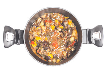 Ajab sandal. Salad with meat and grilled vegetables in a saucepan isolated on white background. Diet conception