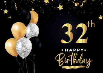 Happy 32th birthday with balloons, grunge brush and gold star isolated on luxury background. Premium design for banner, poster, birthday card, invitation card, greeting card, anniversary celebration.