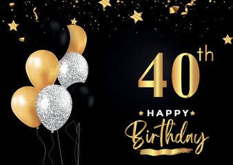Happy 40th birthday with balloons, grunge brush and gold star isolated on luxury background. Premium design for banner, poster, birthday card, invitation card, greeting card, anniversary celebration.