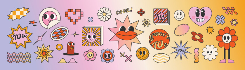 Set of 70s groovy element vector on gradient background. Collection of smile face, flowers, star, heart, trippy grid, shapes. Cute retro groovy hippie element design for decorative, sticker, prints.