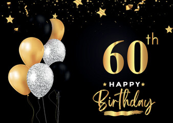 Happy 60th birthday with balloons, grunge brush and gold star isolated on luxury background. Premium design for banner, poster, birthday card, invitation card, greeting card, anniversary celebration.