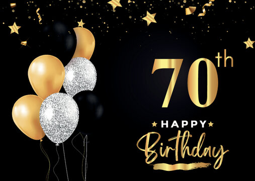 Happy 70th birthday with balloons, grunge brush and gold star isolated on luxury background. Premium design for banner, poster, birthday card, invitation card, greeting card, anniversary celebration.