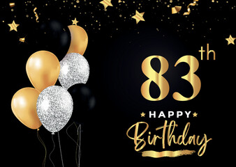 Happy 83th birthday with balloons, grunge brush and gold star isolated on luxury background. Premium design for banner, poster, birthday card, invitation card, greeting card, anniversary celebration.