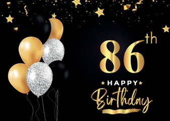 Happy 86th birthday with balloons, grunge brush and gold star isolated on luxury background. Premium design for banner, poster, birthday card, invitation card, greeting card, anniversary celebration.