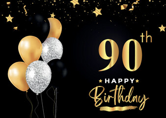 Happy 90th birthday with balloons, grunge brush and gold star isolated on luxury background. Premium design for banner, poster, birthday card, invitation card, greeting card, anniversary celebration.