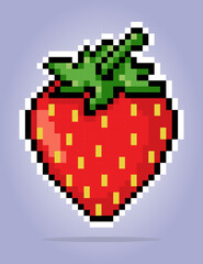 8 bit pixel of Strawberry. Fruits pixel for game assets and cross stitch patterns in vector illustrations.