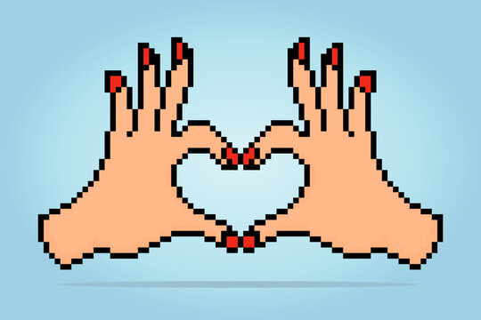 8-bit pixel of finger heart image. vector illustration of cross stitch pattern. Korean love sign for t-shirt design.