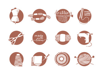Vector set of Hobby and leisure picture on color circle background. Sewing machine, thread, needles, scissors, mannequin.