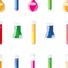 Seamless set of laboratory glassware with colorful liquid. Pattern of different test tube. 