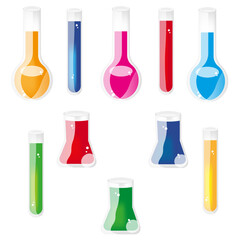 Set of laboratory glassware with colorful liquid. Pattern of different test tube. 