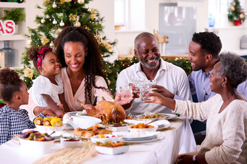 Multi-Generation Family Celebrating Christmas At Home Eating Meal And Making Toast With Water