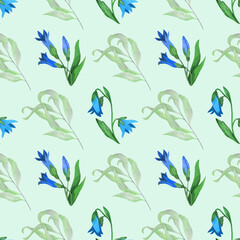 Fototapeta na wymiar Watercolor seamless floral pattern from bell and leaves on light green background.For textile,fabrics.