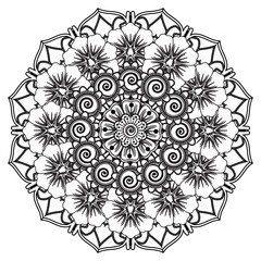 Circular pattern in form of mandala for Henna, Mehndi, tattoo, decoration. Decorative ornament in ethnic oriental style. Coloring book page.