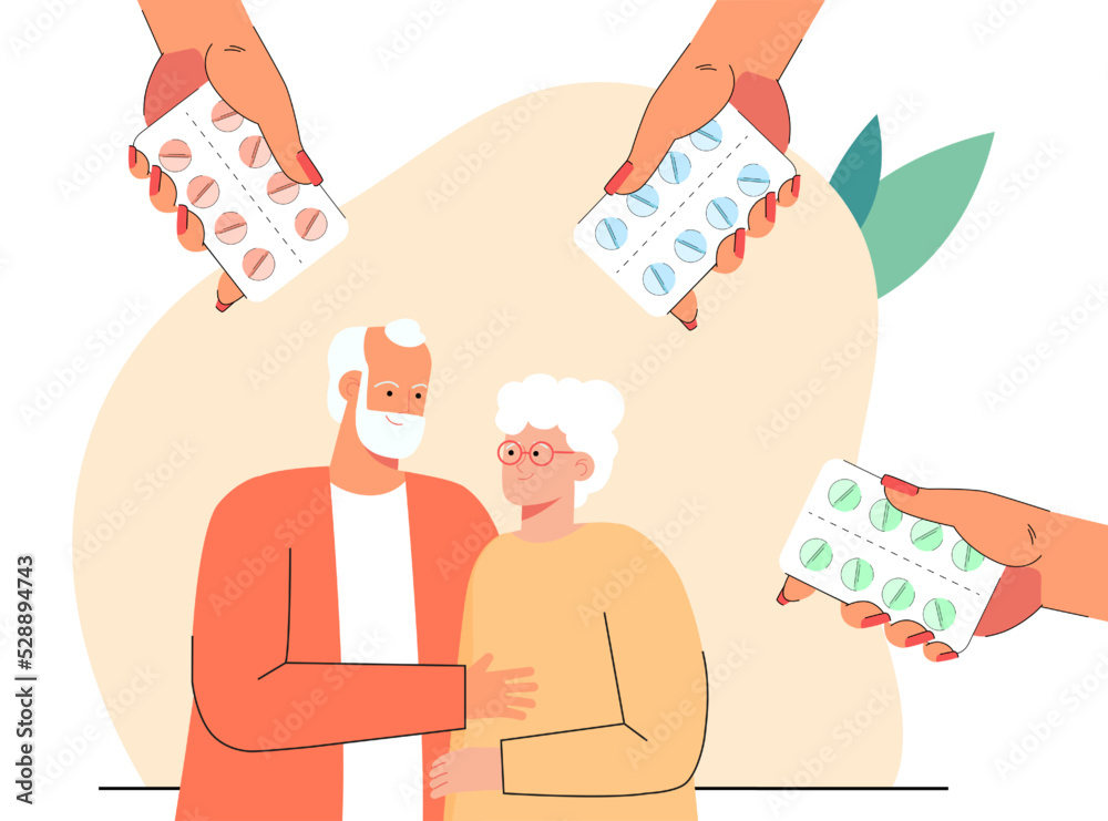 Wall mural Hands giving blister packs to old man and woman. Elderly couple getting treatment flat vector illustration. Elderly care, health, pharmacy concept for banner, website design or landing web page