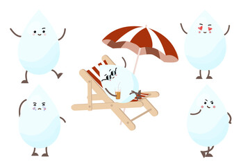 Water drops in kawaii style. Cartoon drops with emotions.