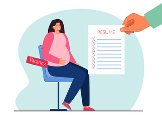 Cartoon pregnant woman applying for job. Woman with belly showing resume to employer flat vector illustration. Pregnancy, employment concept for banner, website design or landing web page