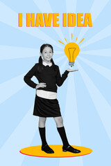 Vertical collage image of smart smiling girl black white gamma arm hold painted light bulb i have...