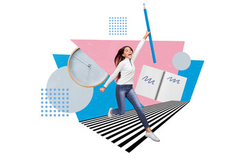 Collage 3d image of pinup pop retro sketch of excited funky little child rising huge pen isolated painting background