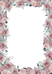Watercolor Roses bouquet frame, Vector illustration hand paint flowers border with copy space for text,Spring Floral for Mothers day greeting card,Wedding invitation