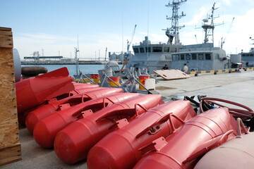 Aktau / Kazakhstan - 08.16.2018 : Buoys on the pier of the seaport