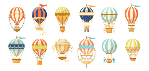 Different colorful hot air balloons vector illustrations set. Cartoon drawings of vintage transport or aerostat, baby shower decoration isolated on white background. Transportation, journey concept