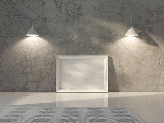 Horizontal white poster Frame Mockup standing near concrete wall with lamps, 3d rendering