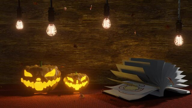 Halloween some pumpkins  the Jack-o'-Lanterns and swaying light bulbs, falling autumn leaves and take off  illuminated butterflies from the opened magic book at halloween holiday in your room.