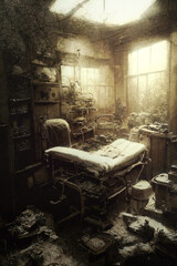 dusty hospital room in a old forgotten clinic, inside a abandoned and overgrown building, lost place interior in the style of old monochrome photos, fictional interior created with generative ai