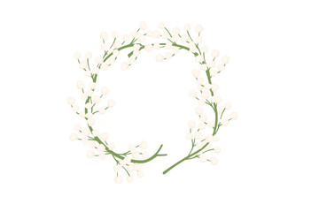 Round frame with green branch and white gypsophila circle flower pattern vector illustration isolated on white background