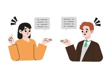 Fototapeta na wymiar People or couple talk or have lively discussion in office. Productive dialogue or conversation between man and woman. Art corporate communication between coworkers, manager and team. Flat vector illus
