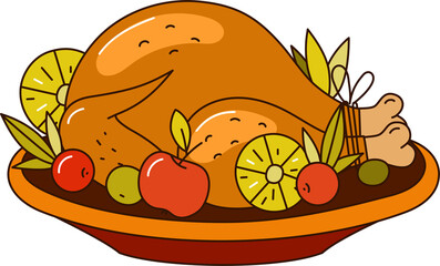 Dish with roast turkey in a flat style