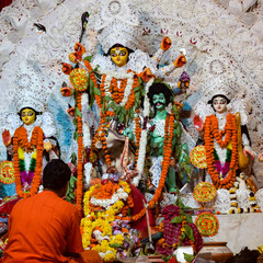 Goddess Durga with traditional look in close up view at a South Kolkata Durga Puja, Durga Puja...
