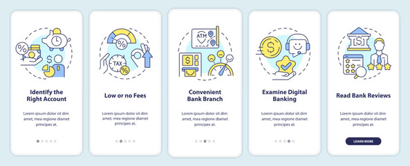 Choose bank onboarding mobile app screen. Customer benefits walkthrough 5 steps editable graphic instructions with linear concepts. UI, UX, GUI template. Myriad Pro-Bold, Regular fonts used