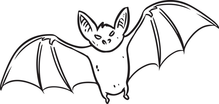 Vector linear illustration of the flying bat. Funny comic style cute bat doodle. Hand-drawn isolated icon. Element for Halloween or pagan witchcraft theme stickers, prints, laser cut files