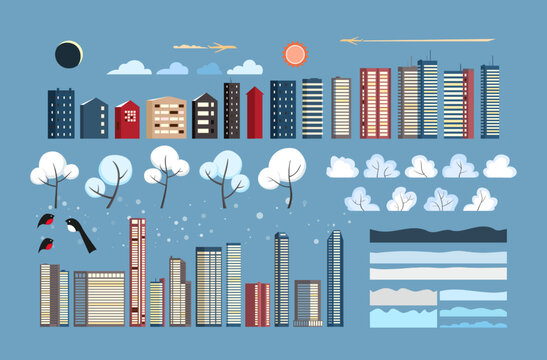 Set of vector illustrations in geometric flat style - city landscape with buildings, hills, bushes and trees.