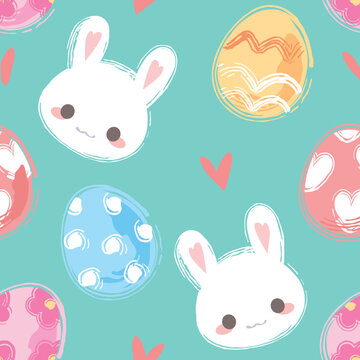 Seamless Easter pattern with eggs and cute bunny in hand draw style. 