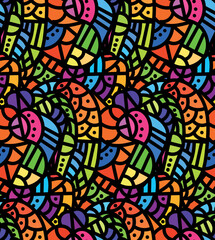 Fototapeta na wymiar Colorful abstract hippie seamless pattern in vector. Psychedelic pattern.