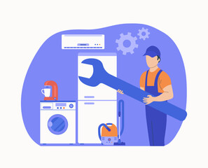 Concept for home appliances repair service.Worker with tools, washing machine, refrigerator, vacuum cleaner and air conditioner in the background. Vector illustration.