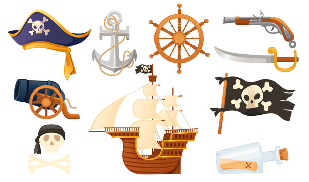 Collection of pirate themed items vector illustration isolated on white background