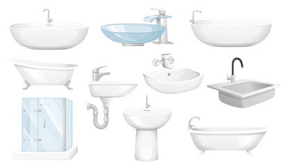 Collection of faucets with bath ceramic and glass bathroom furniture vector illustration isolated on white background