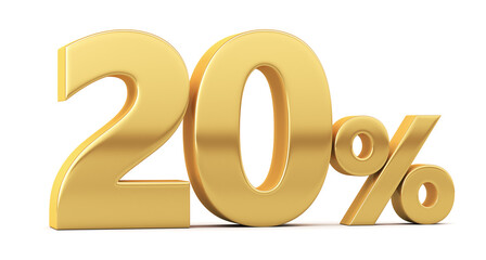Gold percent isolated on white background. 20% off on sale. Illustration for business ideas. 3d rendering.