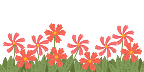 Simple red flowers bed with green grass and leaves vector illustration on white background